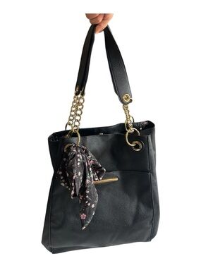 Steve Madden Black Pebbled Tote with Gold Chain Handles and Floral Scarf Accent